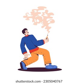 A person is frightened by the image of a skull in tobacco smoke. Illustration on the theme of nicotine addiction. Smoking cessation program. Vector illustration. Isolated on white background.