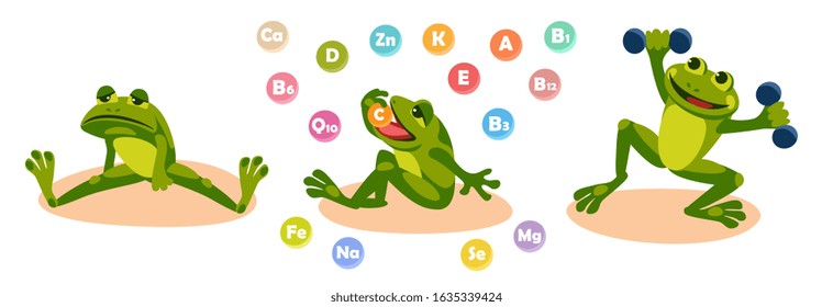 person frog lacks vitamins; he sits without strength, in apathy and depression. eats vitamins and trace elements. Full of energy, engaged in charging.