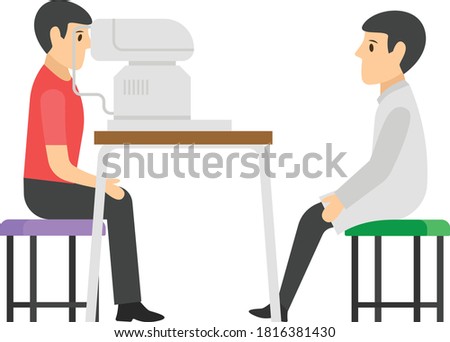 Person in front of eye test machine, flat vector