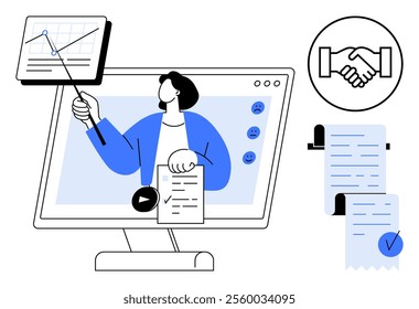 Person in front of a monitor with a graph, holding a document, pointing at a screen. Includes handshake symbol and signed document. Ideal for online presentations, business agreements, data analysis