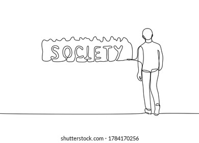 person in full height walks towards the crowd, inside the crowd lettering is society. One continuous line art concept of outcast man and society. The outsider tries to be approved and accepted 