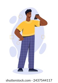 Persona con concepto de gadget. Hombre con tableta electrónica. Tecnologías e innovaciones modernas. Afiche o banner para el sitio web. Ilustración plana del vector de la historieta aislada sobre fondo blanco