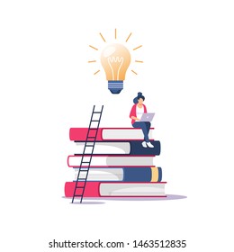 Person gains knowledge for success and better ideas. Education, online courses and business, distance education, online books and study guides, exam preparation, home schooling, vector illustration.