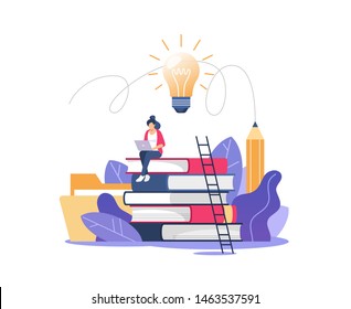 Person gains knowledge for success and better ideas. Education, online courses and business, distance education, online books and study guides, exam preparation, home schooling, vector illustration.