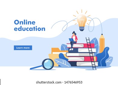 Person gains knowledge for success and better ideas. Online education or business training. Vector illustration for mobile and web graphics.