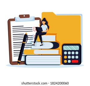 Person gains knowledge for success and better ideas. Education, online courses and business, distance education, online books and study guides, exam preparation, home schooling, vector illustration.