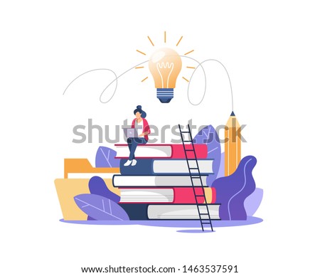 Person gains knowledge for success and better ideas. Education, online courses and business, distance education, online books and study guides, exam preparation, home schooling, vector illustration.