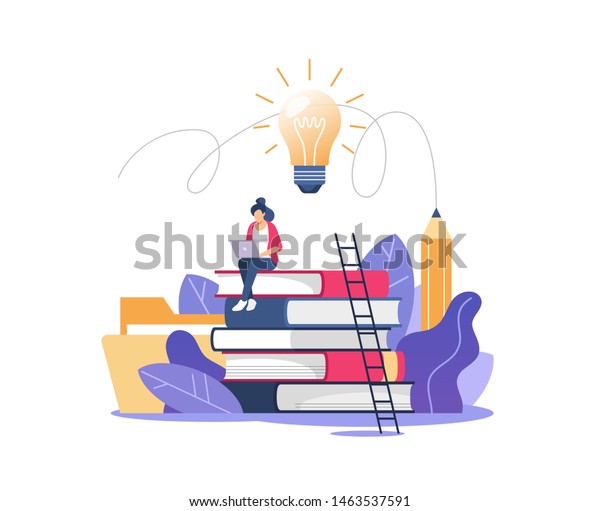 Person gains knowledge for success and
better ideas. Education, online courses and business, distance
education, online books and study guides, exam preparation, home
schooling, vector
illustration.