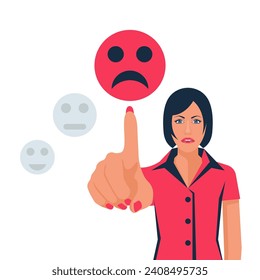 The person gave a bad rating. People give feedback. Dissatisfied customer experience. Unhappy customer with a sad face, and bad review. Vector illustration flat design. Isolated on a white background.