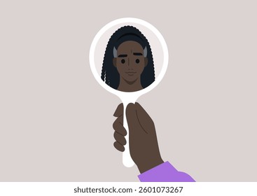 A person gazes thoughtfully into a hand mirror, observing their first grey hair with a mix of curiosity and worry, embracing the beauty of aging and personal transformation