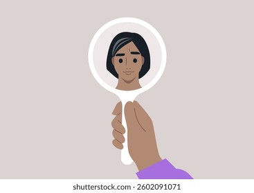 A person gazes thoughtfully into a hand mirror, observing their first grey hair with a mix of curiosity and worry, embracing the beauty of aging and personal transformation