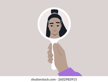 A person gazes thoughtfully into a hand mirror, observing their first grey hair with a mix of curiosity and worry, embracing the beauty of aging and personal transformation