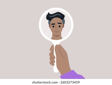 A person gazes thoughtfully into a hand mirror, observing their first grey hair with a mix of curiosity and worry, embracing the beauty of aging and personal transformation