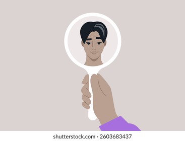 A person gazes thoughtfully into a hand mirror, observing their first grey hair with a mix of curiosity and worry, embracing the beauty of aging and personal transformation