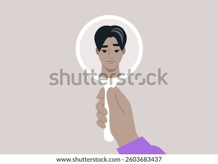 A person gazes thoughtfully into a hand mirror, observing their first grey hair with a mix of curiosity and worry, embracing the beauty of aging and personal transformation
