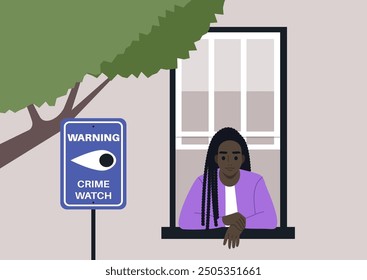 A person gazes thoughtfully out the window, observing the surroundings while a crime watch sign stands nearby, signaling community vigilance