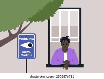 A person gazes thoughtfully out the window, observing the surroundings while a crime watch sign stands nearby, signaling community vigilance