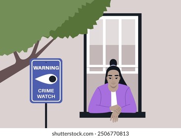 A person gazes thoughtfully out the window, observing the surroundings while a crime watch sign stands nearby, signaling community vigilance