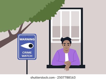 A person gazes thoughtfully out the window, observing the surroundings while a crime watch sign stands nearby, signaling community vigilance