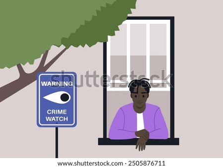 A person gazes thoughtfully out the window, observing the surroundings while a crime watch sign stands nearby, signaling community vigilance