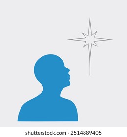 Person gazing at guiding star. Simple illustration of a person looking upwards towards a shining star, representing hope, inspiration, and direction.