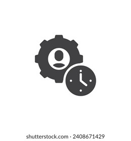 Person with gear and clock vector icon. filled flat sign for mobile concept and web design. Productivity and efficiency glyph icon. Symbol, logo illustration. Vector graphics