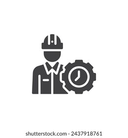 Persona con un icono de vector de reloj de engranaje. signo plano relleno para concepto móvil y diseño web. Icono de glifo del gestor de proyectos. Símbolo, ilustración del logotipo. Gráficos vectoriales