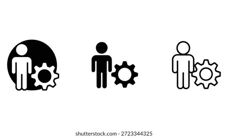 Persona con íconos de engranajes en silueta sólida, estilos delineados y circulares, Ilustración vectorial para Configuraciones, personalización, Asistencia y conceptos de configuración