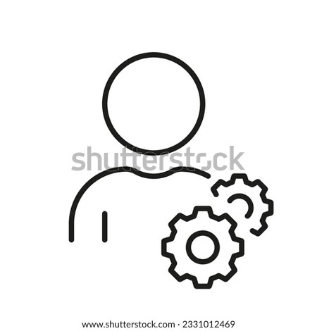 Person with Gear Linear Pictogram, Project Management Concept. Workforce Line Icon. Leader Works. Social Human with Cog Wheel. Teamwork Outline Symbol. Editable Stroke. Isolated Vector Illustration.