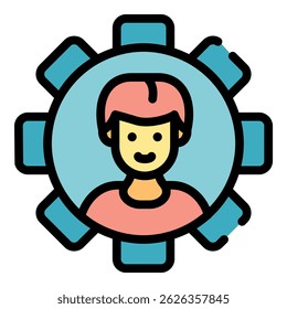Person in gear wheel icon. Outline person in gear wheel vector icon color flat isolated