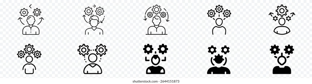 Person with Gears Icon – Symbol of Constant Critical Thinking, Icon of person with gears circling above head, symbolizing critical thinking, constant mental processing, innovation, technical mindset