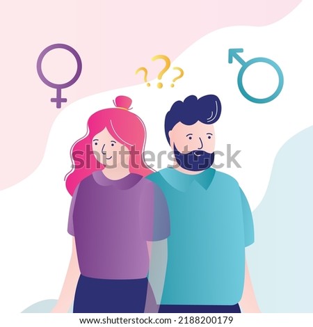 Person with gender dysphoria doesn't understand what sex he belongs to. Concept of gender identity, . Character tries to self-define himself as man or woman. Flat vector illustration