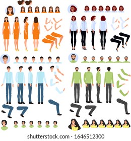 Person generator, set of body parts to create cartoon character, vector illustration. Isolated elements of man and woman in different poses, interchangeable arms, legs and faces. People generator set