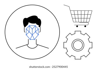 Una persona con un patrón geométrico de reconocimiento facial, un Carrito de compras y una rueda dentada que simbolizan Configuraciones. Ideal para biometría, comercio electrónico, automatización, inteligencia artificial, seguridad y tecnología