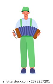 Person in german traditional clothes. Man with accordion. People celebrate Oktoberfest. Culture of Germany. Musician in green hat. Cartoon flat vector illustration isolated on white background