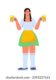 Person in german traditional clothes. Woman with glasses of bear. People celebrate Oktoberfest. Sticker for social networks. Cartoon flat vector illustration isolated on white background