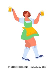 Persona con ropa tradicional alemana. Mujer con gafas de oso. La gente celebra el Oktoberfest. Cultura de Alemania. Afiche o pancarta. Dibujo vectorial plano de dibujos animados aislado en fondo blanco