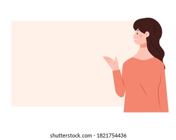 A person in a gesture of introducing while looking at an empty text box. The woman is giving a presentation.