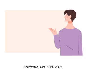 A person in a gesture of introducing while looking at an empty text box. The man is giving a presentation.