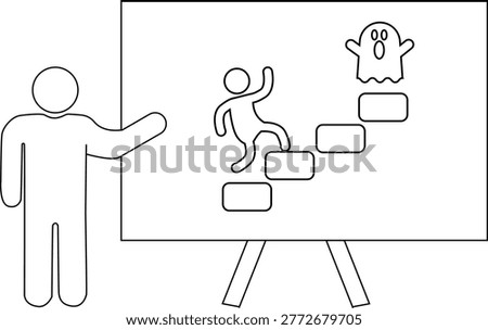 A person gestures to a board showing a figure ascending steps toward a ghost