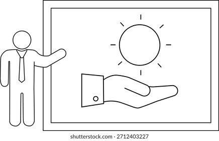 Una persona hace un gesto hacia una presentación mostrando una mano sosteniendo el sol