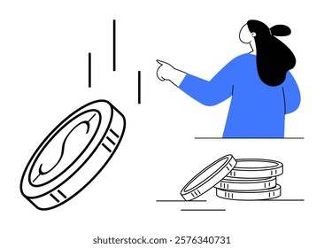 Person gestures towards coins with graph bars suggesting prosperity and investment growth. Ideal for finance, investment, economy, wealth, business growth. Simple, modern, abstract style