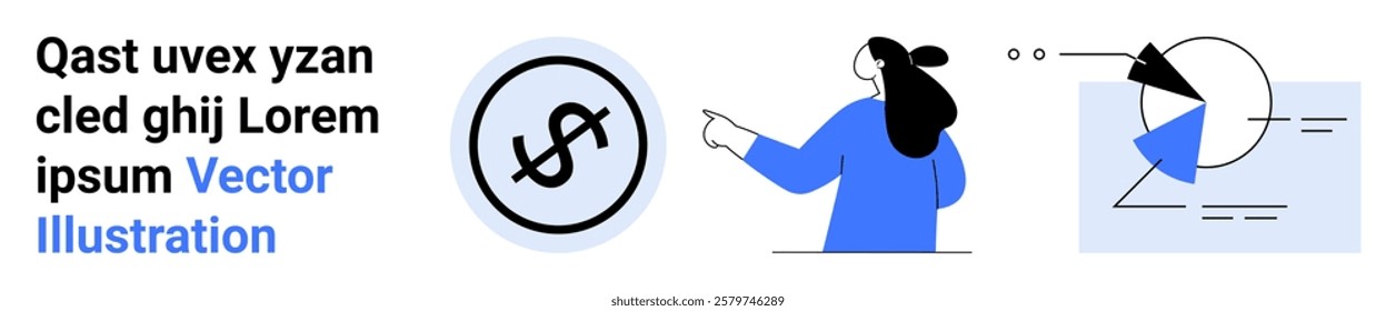 A person gestures towards a currency symbol and a pie chart. Ideal for business, analytics, finance, digital marketing, and consulting concepts. Banner for landing page