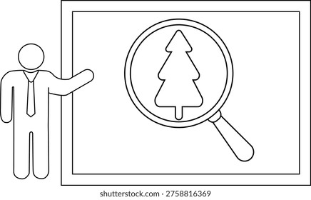 A person gestures towards a framed image of a tree under a magnifying glass