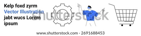 Person gesturing with both hands, gear icon, and shopping cart adjacent to a text placeholder block. Ideal for tech demo, presentation slide, website banner, online tutorial, marketing material