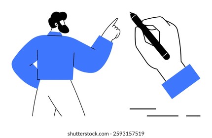 Person gesturing confidently with raised index finger, large hand holding pen drawing lines. Ideal for business strategies, education, training, coaching, marketing, design, conceptual creativity