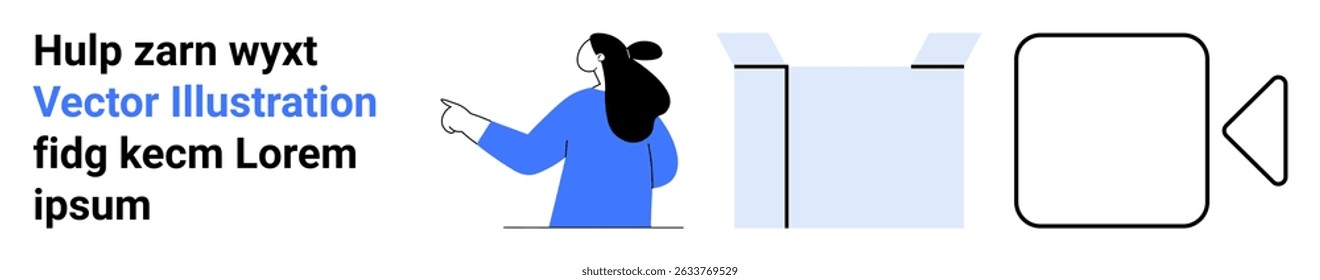 Person gesturing to the left, accompanied by an open box, and a video camera icon. Ideal for business, marketing, technology, educational, creative, digital media, and communication themes. Banner