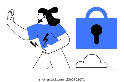 Person gesturing reassurance with a large lock icon beside them and a cloud below. Ideal for data protection, cybersecurity, online safety, cloud storage security and digital privacy. Simple modern