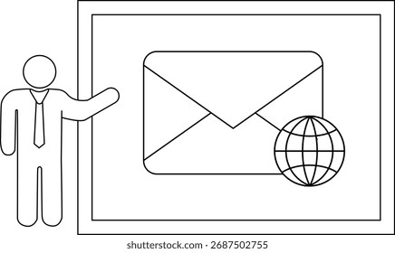 Person gesturing to screen displaying envelope and globe icons