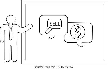 Persona que hace gestos a la pantalla que muestra el símbolo de la VENTA y del dólar en burbujas del discurso